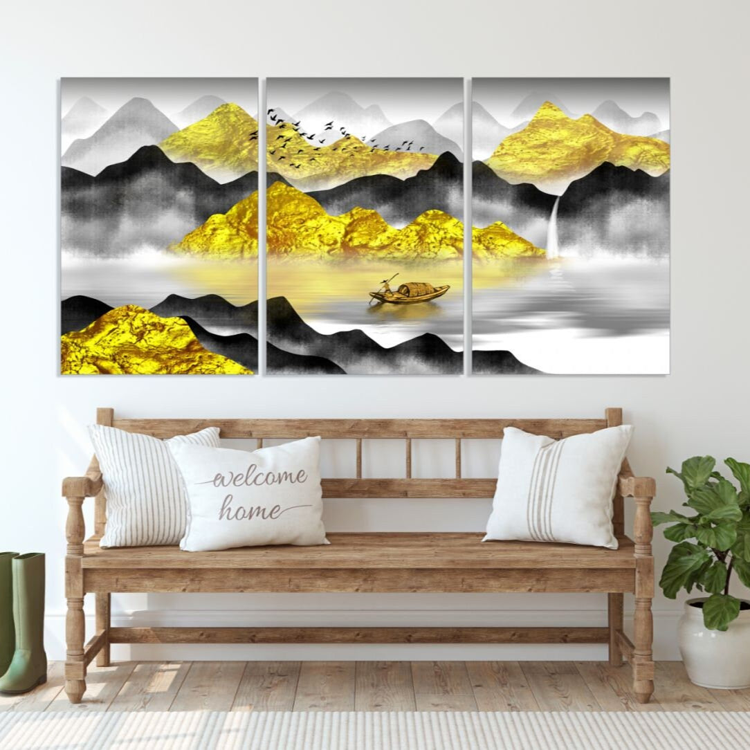 Graue und goldene Berge Wandkunst Gemälde auf Leinwand, Wandbilder Berge, Natur Wandkunst, Wohnwanddekoration, Bergkunstdruck