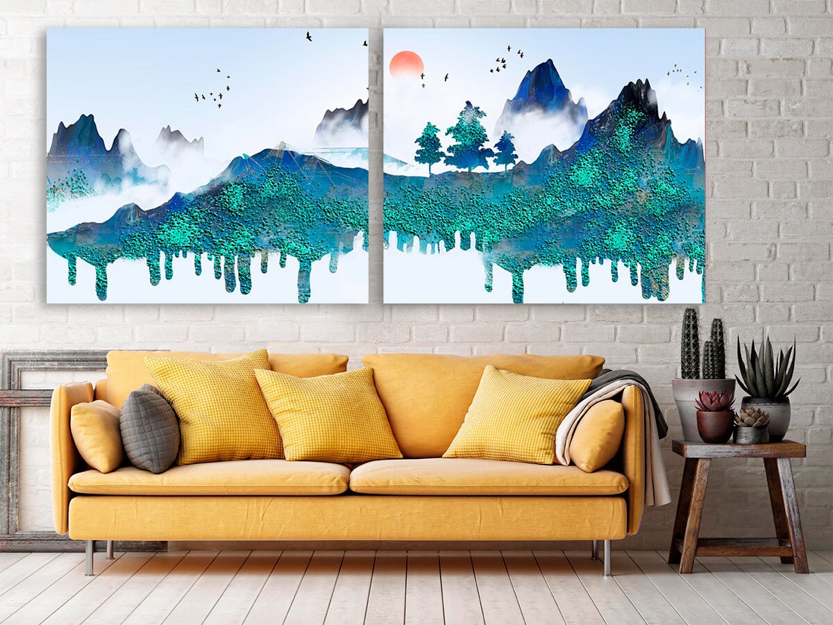 Blue Ridge Mountains Wandkunst Ruhiges horizontales Kunstleinwandgemälde Home Wanddekoration Felsen und Berge 3-teiliges Poster der Great Smoky Mountains