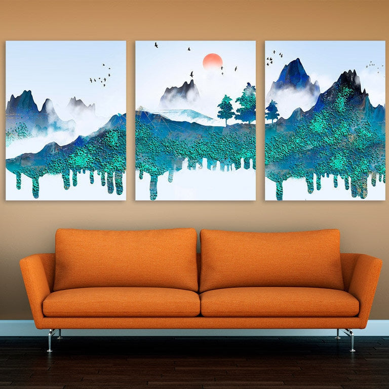 Blue Ridge Mountains Wandkunst Ruhiges horizontales Kunstleinwandgemälde Home Wanddekoration Felsen und Berge 3-teiliges Poster der Great Smoky Mountains