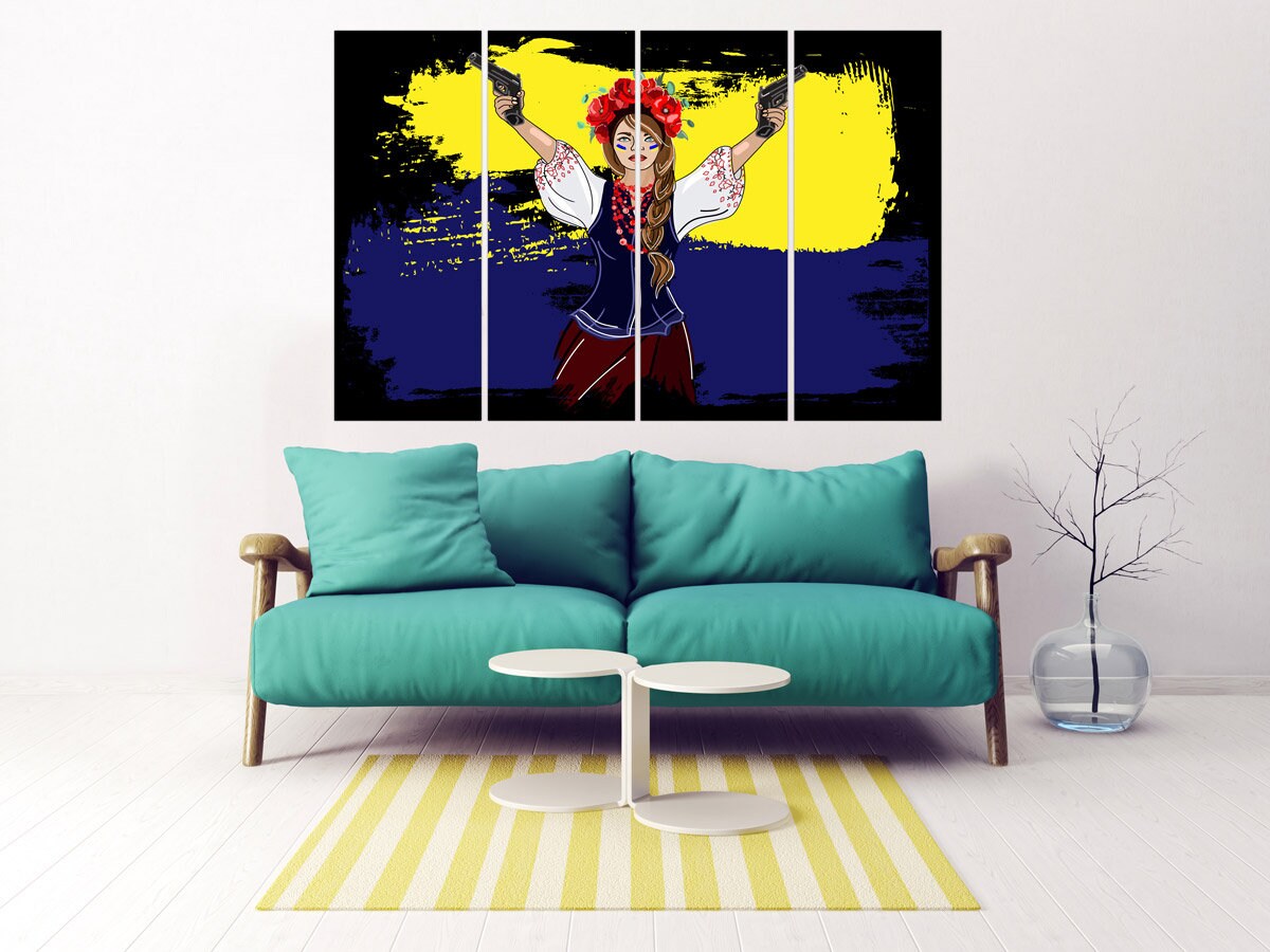 Ukrainisches Gemälde Leinwand Ukrainisches Mädchen Druck Blau und Gelb Galerie Wandkunst Patriotisches Dekor Geschenk, Ukrainische Verkäufer, Ukrainische Kunst kaufen
