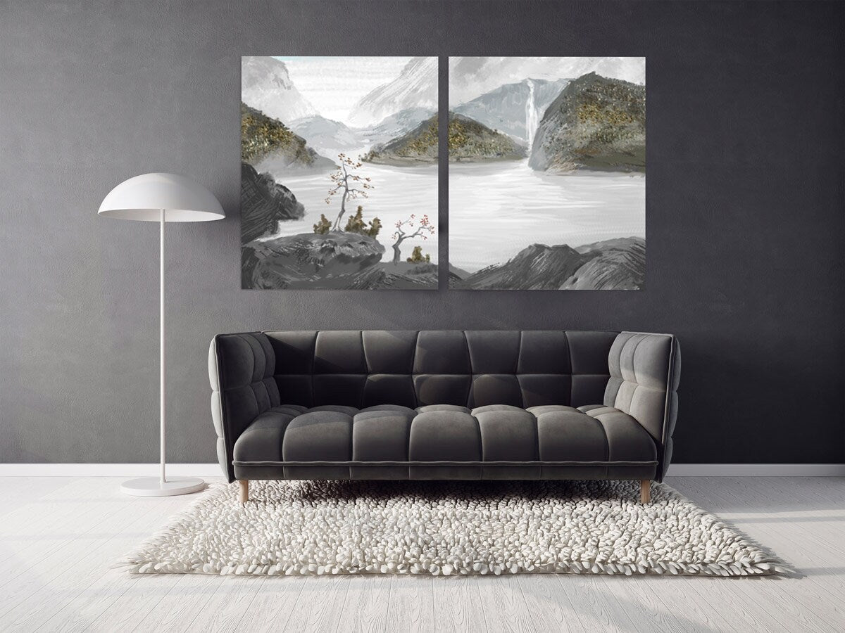 Rauchige Berge Wandkunst, Felsen und Berge Leinwandmalerei, Schlafzimmer Wanddekoration ruhige horizontale Kunst