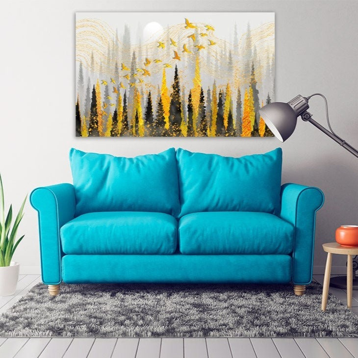 Schwarz-goldene Wald-Wandkunst, Natur-Leinwandgemälde, Geschenk zur Wohnungserwärmung und Hochzeit, Bauernhaus-Wanddekoration, mehrteilige Wandkunst