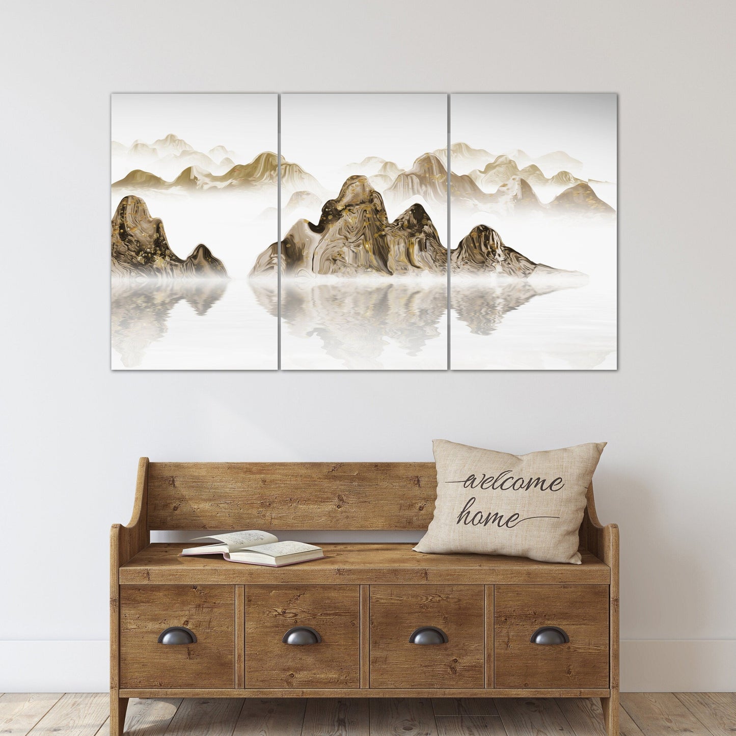 Gold Rauchige Berge Wandkunst, zeitgenössische Wandkunst Malerei, Wandbilder Berge, Natur Wandkunst, Bergkunst Leinwanddruck