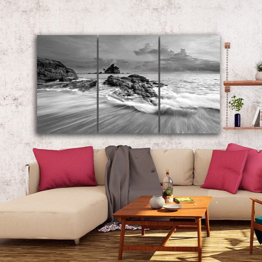 Meereslandschaftsgemälde, großes schwarz-weißes Leinwandbild, Meeresküstendrucke, Strandwanddekor, Leinwandgemälde
