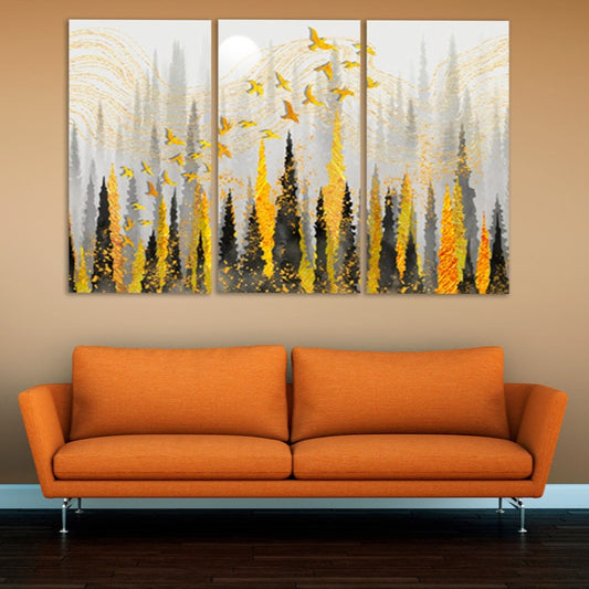 Schwarz-goldene Wald-Wandkunst, Natur-Leinwandgemälde, Geschenk zur Wohnungserwärmung und Hochzeit, Bauernhaus-Wanddekoration, mehrteilige Wandkunst