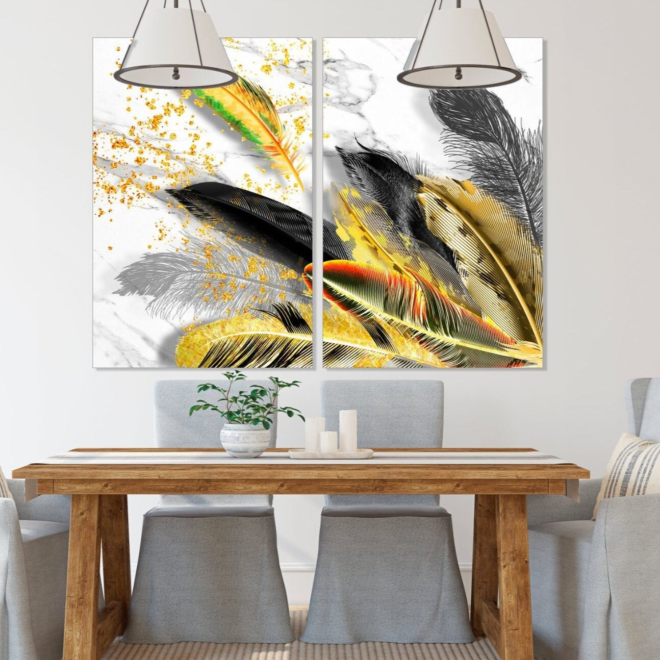 Feder-Wandkunst, Feder-Wanddekor, abstrakte zeitgenössische Drucke auf Leinwand, extra große moderne Wandkunst, ruhige horizontale Kunst