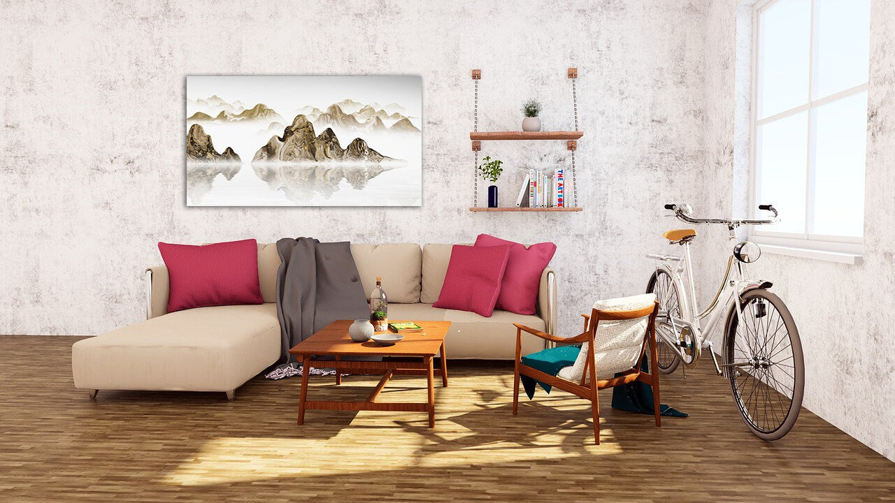 Gold Rauchige Berge Wandkunst, zeitgenössische Wandkunst Malerei, Wandbilder Berge, Natur Wandkunst, Bergkunst Leinwanddruck