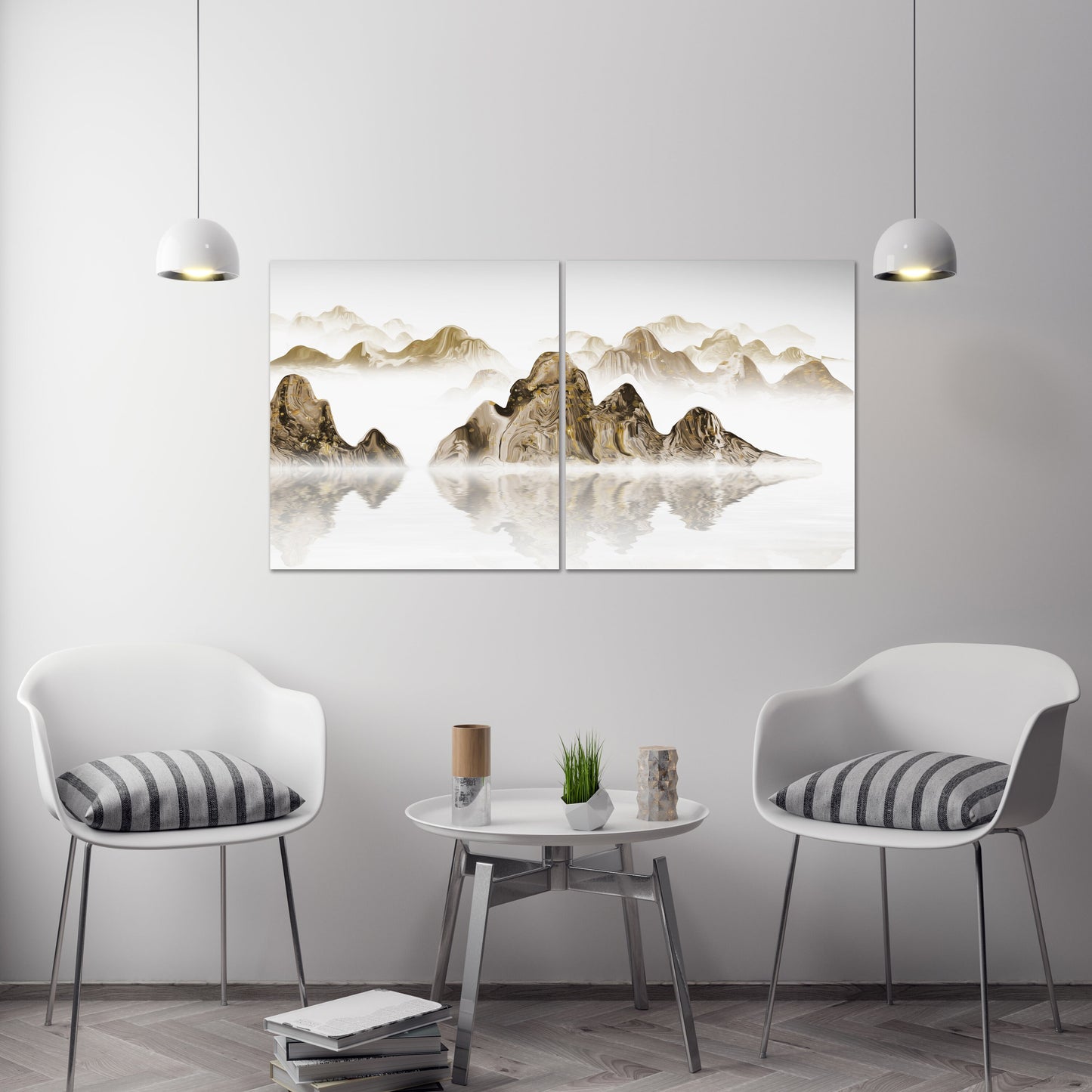 Gold Rauchige Berge Wandkunst, zeitgenössische Wandkunst Malerei, Wandbilder Berge, Natur Wandkunst, Bergkunst Leinwanddruck