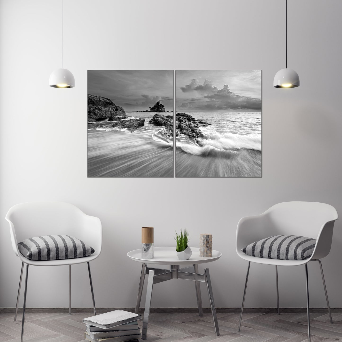 Meereslandschaftsgemälde, großes schwarz-weißes Leinwandbild, Meeresküstendrucke, Strandwanddekor, Leinwandgemälde