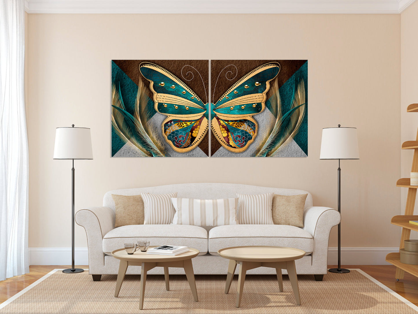 Schmetterlings-Wanddeko-Drucke, Feder-Wandkunst, langes großes Wandbild, übergroßes horizontales Leinwandgemälde