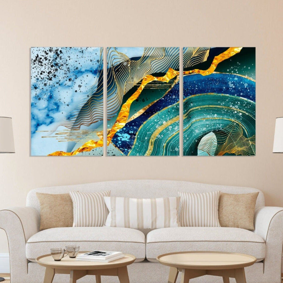 Abstrakte Wandkunst, übergroße Wandkunst, blaue und goldene Wandkunst, abstraktes Gemälde extra große Leinwandwandkunst