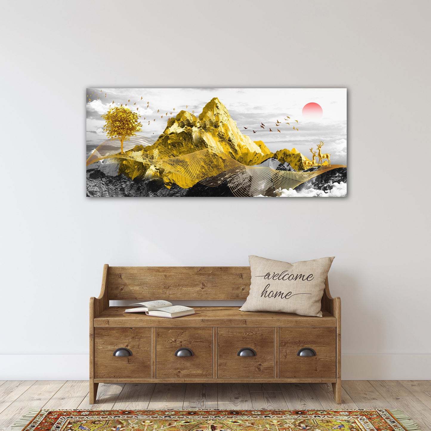 Goldene Berge, japanische Wandkunst, Leinwandgemälde, Wandbilder Berge, asiatische Naturwandkunst, Schlafzimmerwanddekor, Bergkunstdruck