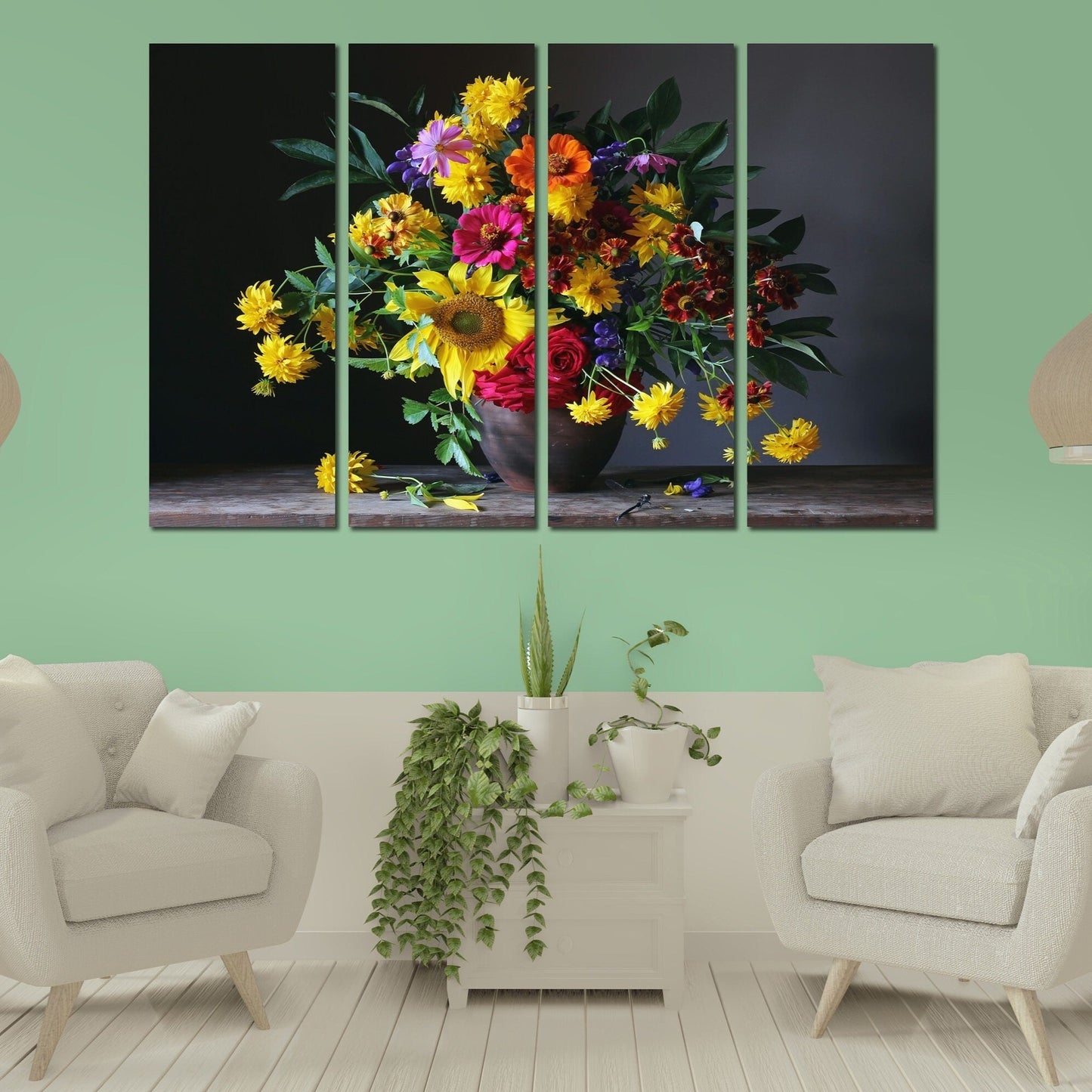 Florale Leinwandgemälde, Blumen-Wanddekor im Landhausstil, botanische Gemälde, extra große Leinwand-Wandkunst