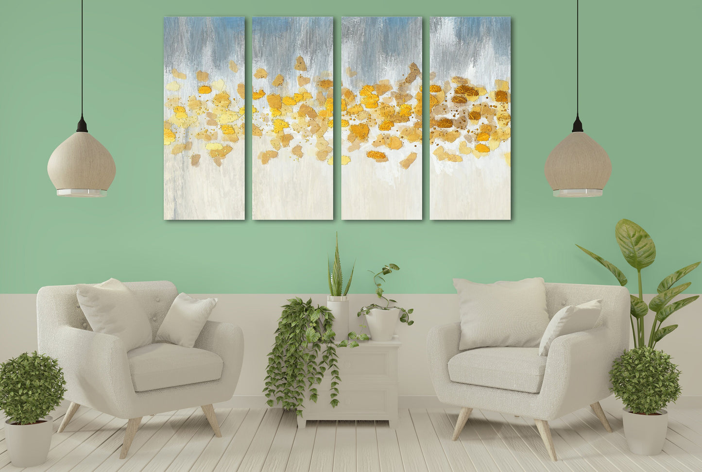 Mehrteilige abstrakte Leinwand, modernes abstraktes Gemälde in Blau und Gelb, extra große Leinwand-Wandkunst