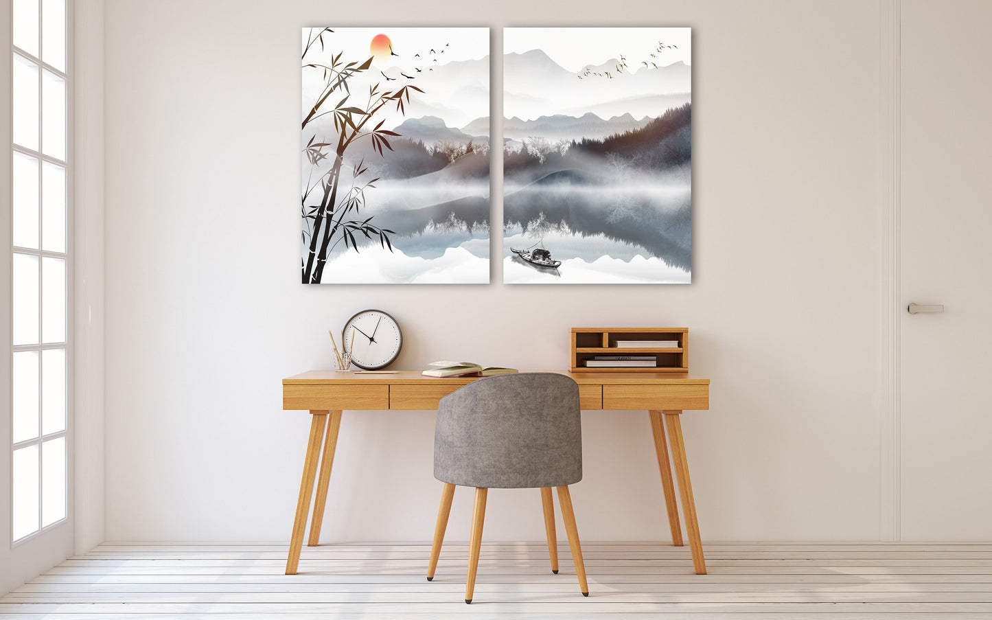 Asiatische gerahmte Wandkunst, Leinwandgemälde der Blue Ridge Mountains, Felsen und Berge 3-teiliges Rahmenbild auf Leinwand, Bergposter