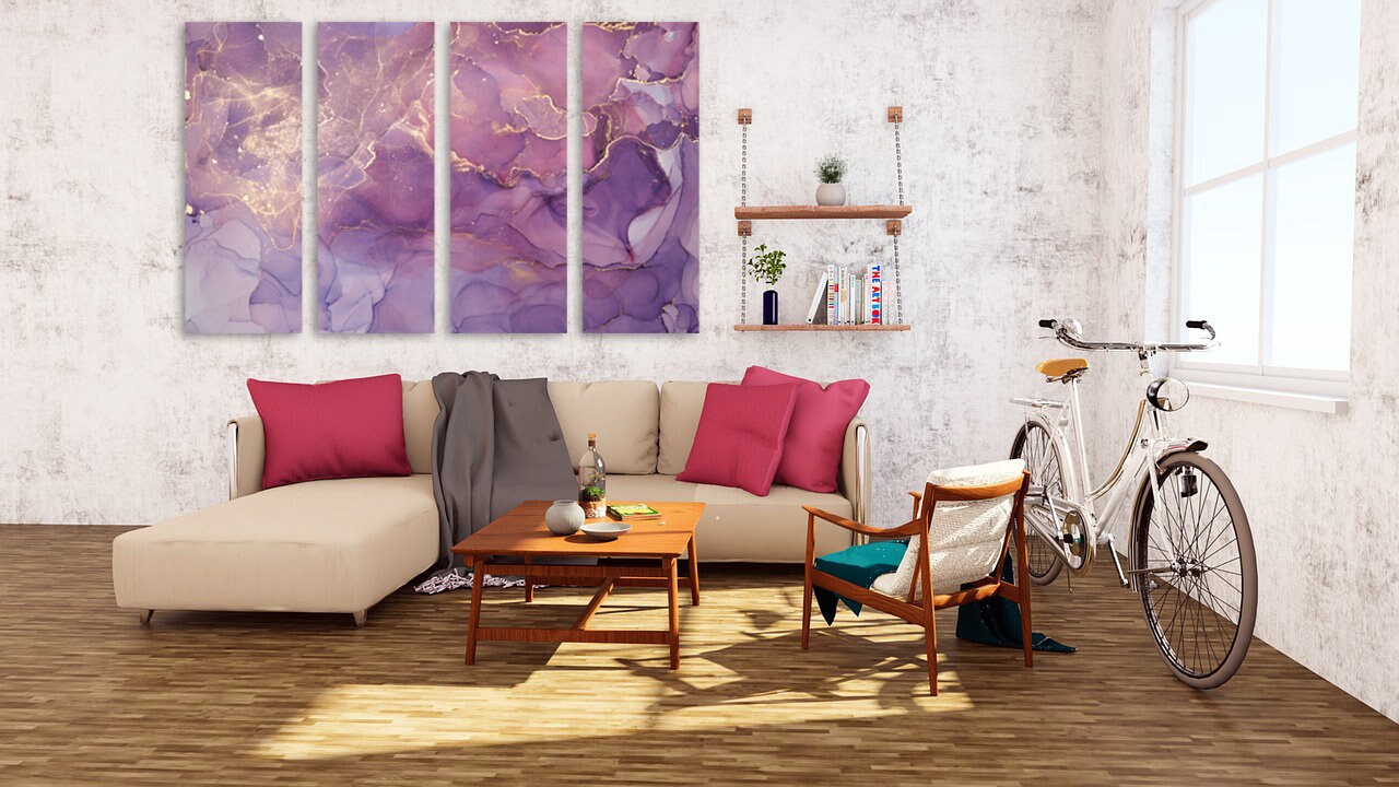 Abstrakte Leinwandkunst, Wanddekoration aus lila und goldenem Marmor, abstrakte Gemälde, mehrteilige Wandkunst, Marmorleinwand