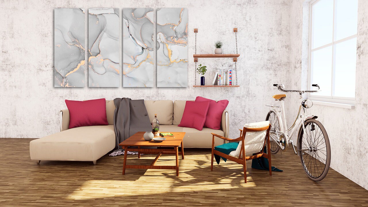 Abstraktes Marmor-Leinwandbild, Marmor-Wanddekor, abstrakte Wandkunst in Weiß und Gold auf Leinwand, mehrteilige Wandkunst