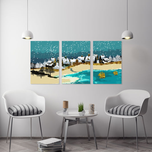 Segelboot Wandkunst, Meereslandschaft Gemälde, blau-goldene Wandkunst, Reisedrucke große Natur Wandkunst Meer, mehrteilige Leinwand