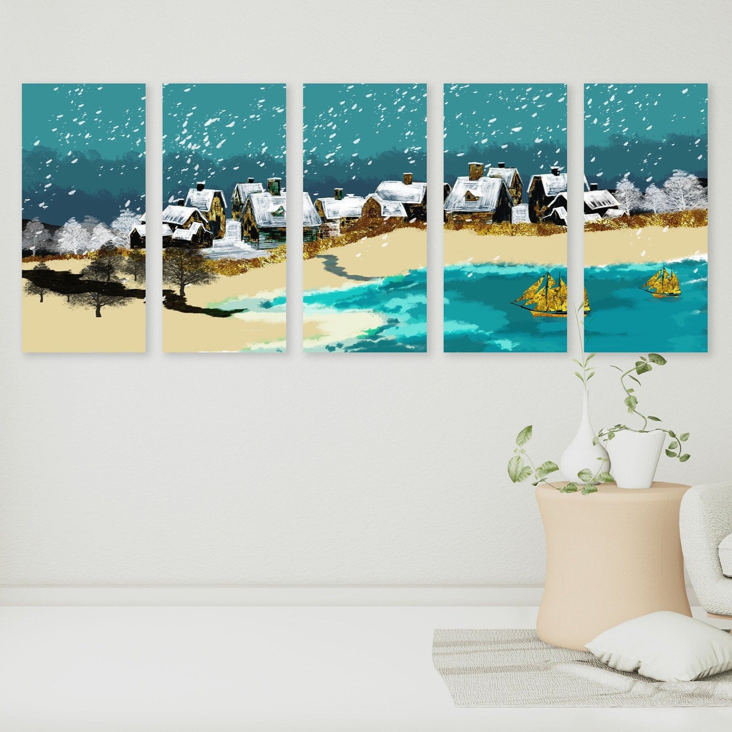 Segelboot Wandkunst, Meereslandschaft Gemälde, blau-goldene Wandkunst, Reisedrucke große Natur Wandkunst Meer, mehrteilige Leinwand