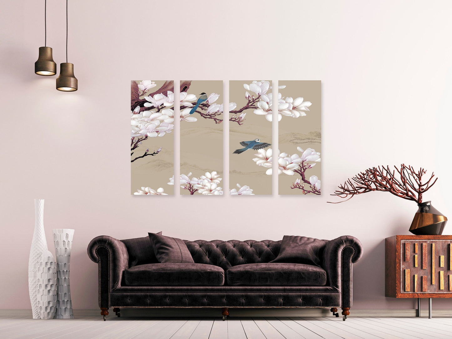 Magnoliengemälde, florale Wandkunst, japanische Wandkunst auf Leinwand, japanische Drucke, asiatische Wandkunst, riesige Wandkunst