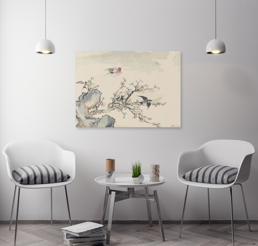 Sakura Bonsai Baum Wandkunst, Sakura Blüten Leinwandgemälde, florale asiatische Wanddekoration japanische Wandkunst Vogeldrucke Wandkunst Geschenk Wohndekor