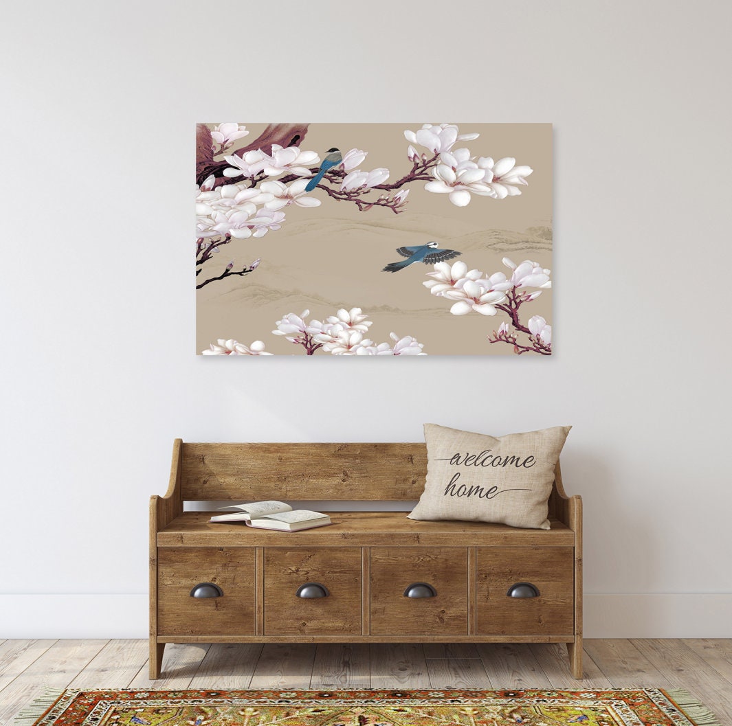 Magnoliengemälde, florale Wandkunst, japanische Wandkunst auf Leinwand, japanische Drucke, asiatische Wandkunst, riesige Wandkunst