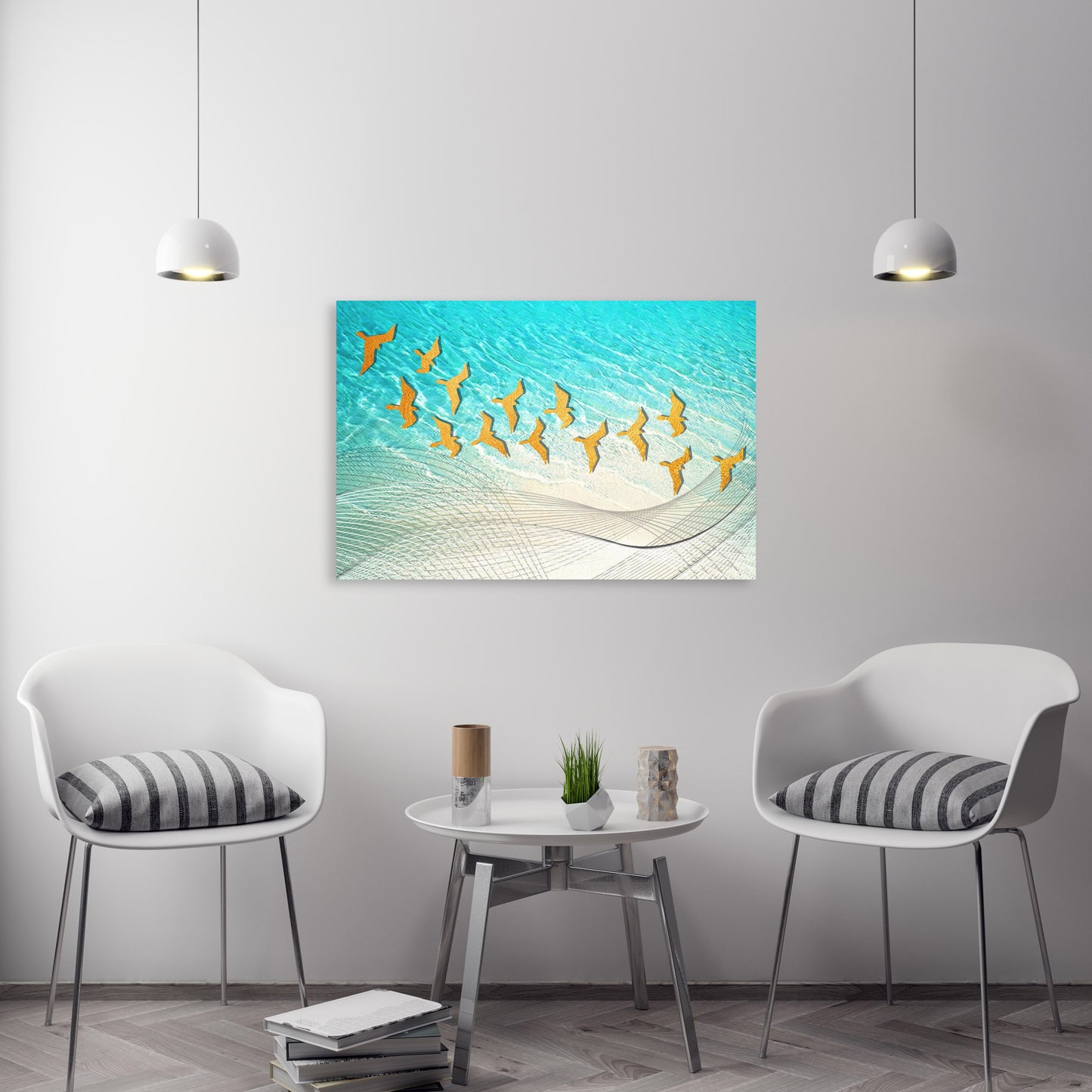 Blaue und goldene Wandkunst, Meereslandschaftsmalerei, Vögel Wandkunst, abstrakte Leinwand extra große Wandkunst, blaue Drucke Wandkunst Schlafzimmer Leinwanddrucke