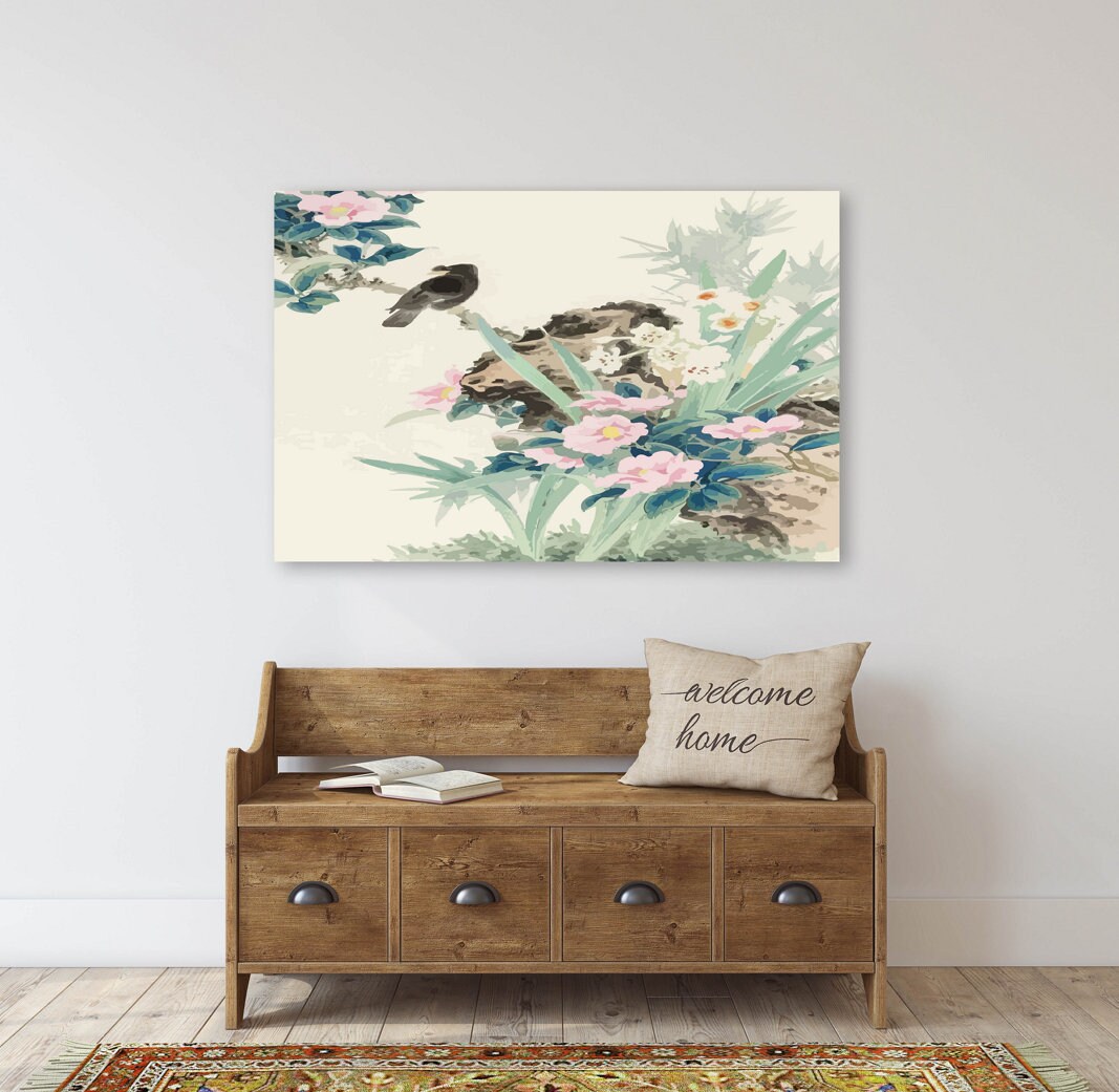 Florale asiatische Wanddekoration, Sakura Bonsai Baum Wandkunst, Sakura Blüten Leinwandgemälde japanische Wandkunst Vogeldrucke Wandkunst Geschenk Wohndekor