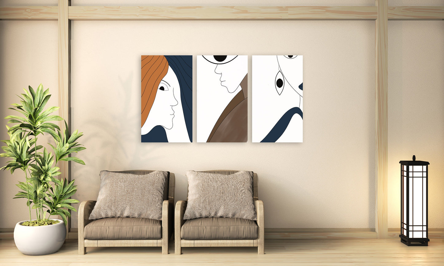 Gerahmte Gesichter, moderne 3 Drucke, Wandkunst, abstrakte Leinwand, Heimwanddekor, Schlafzimmer, Wohnzimmer, Leinwandgemälde