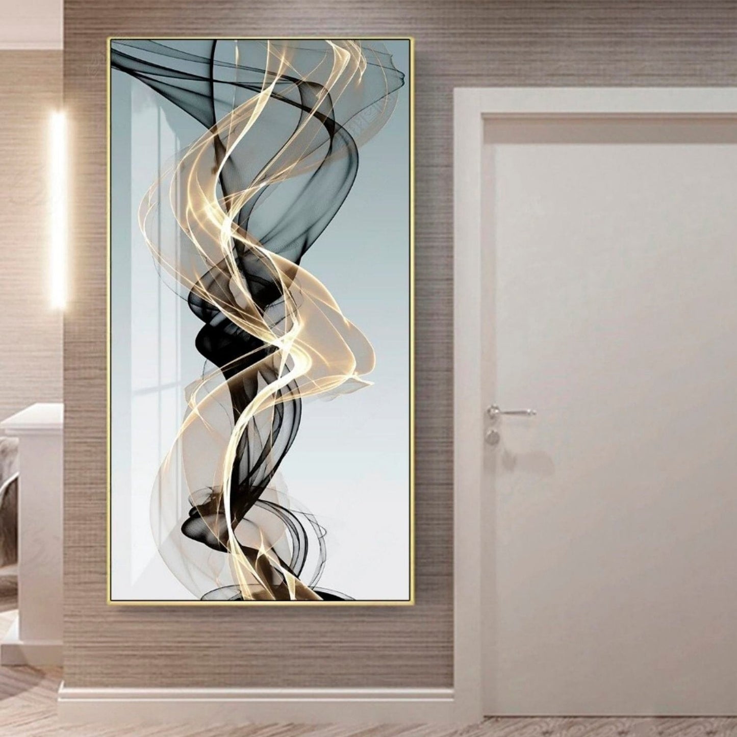 Abstraktes Wandkunstbild auf Leinwand im Goldrahmen, vertikales Gemälde in Schwarz und Gold, großer schwebender Rahmen, Wandkunst fürs Schlafzimmer, extra großer Wandkunstdruck