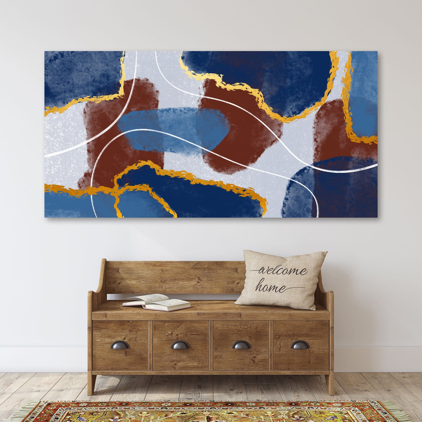 Extra großes abstraktes mehrteiliges Leinwandbild, modernes Set aus drei Drucken in Blau- und Brauntönen, farbenfrohes Wandkunstwerk als Geschenk