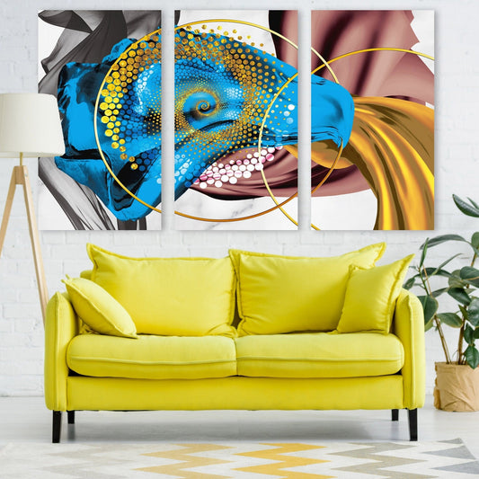Großes farbenfrohes abstraktes Leinwandbild, horizontales mehrteiliges Kunstwerk in Gold und Blau, modernes Set aus drei Drucken zur Wohnungserwärmung, trendiges Geschenk
