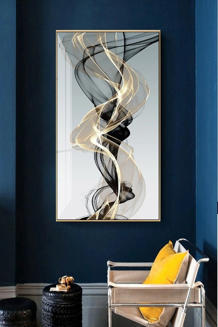 Abstraktes Wandkunstbild auf Leinwand im Goldrahmen, vertikales Gemälde in Schwarz und Gold, großer schwebender Rahmen, Wandkunst fürs Schlafzimmer, extra großer Wandkunstdruck