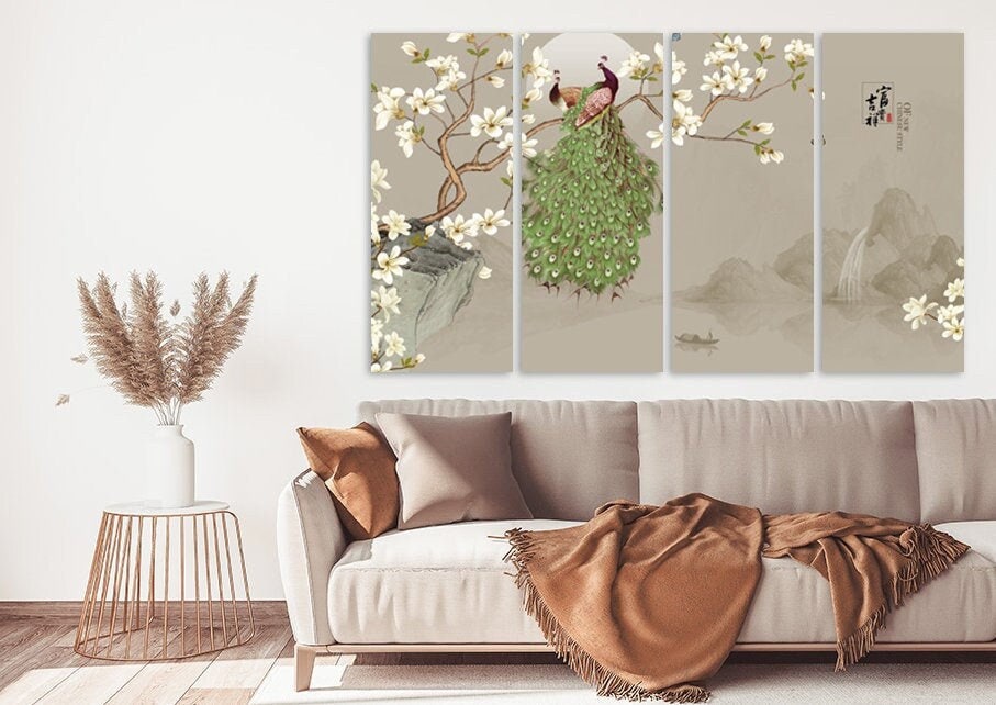 Sakura Bonsai Baum Pfau Wandkunst Sakura Blüten Florale Wandkunst japanische Wandkunst Leinwand japanische Drucke Wandkunst asiatische Wandkunst