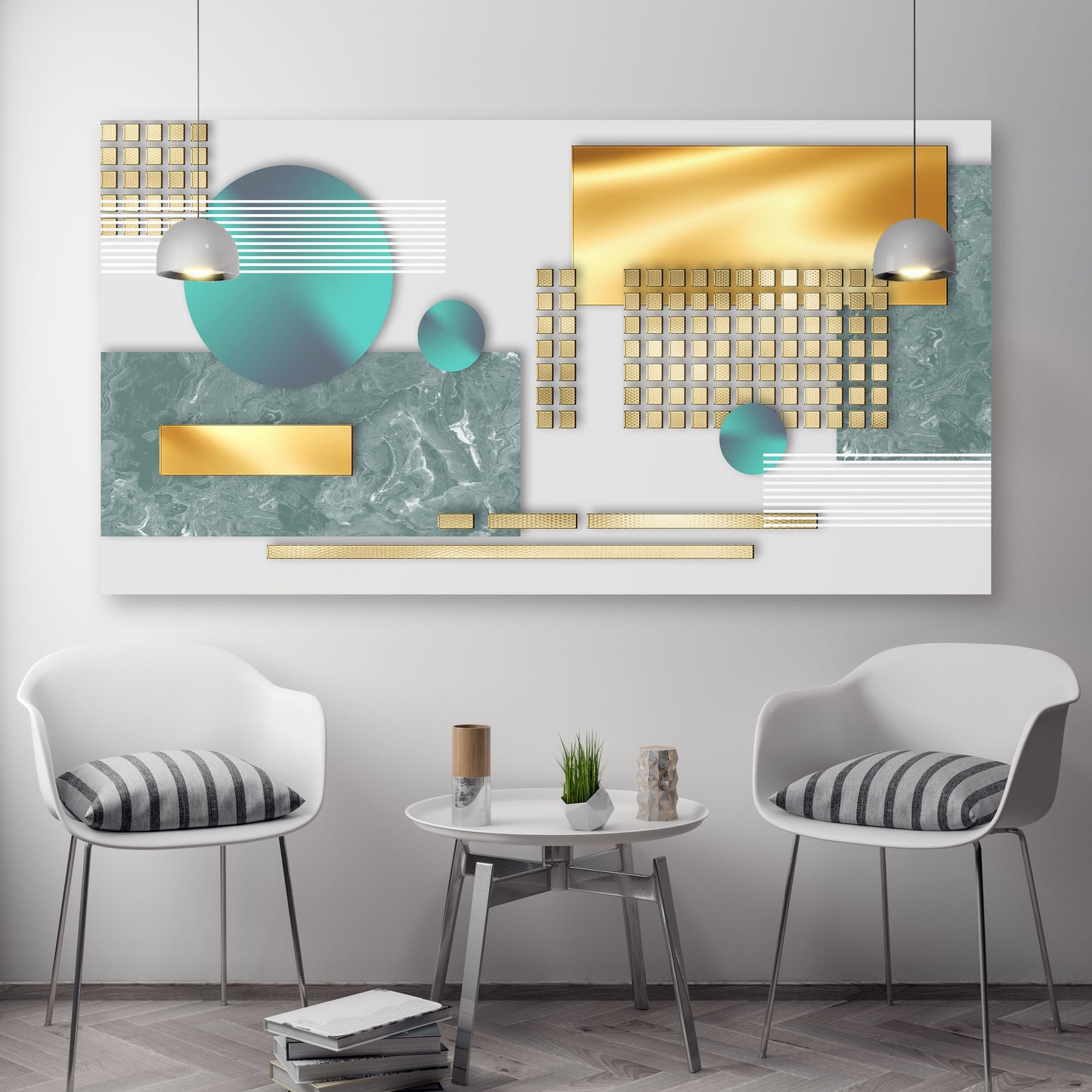 Extra große geometrische Wandkunst, moderner abstrakter Leinwandkunstdruck, mehrteilige Leinwand-Wanddekoration, 3er-Set Kunstdrucke als Geschenk in Gold und Blau