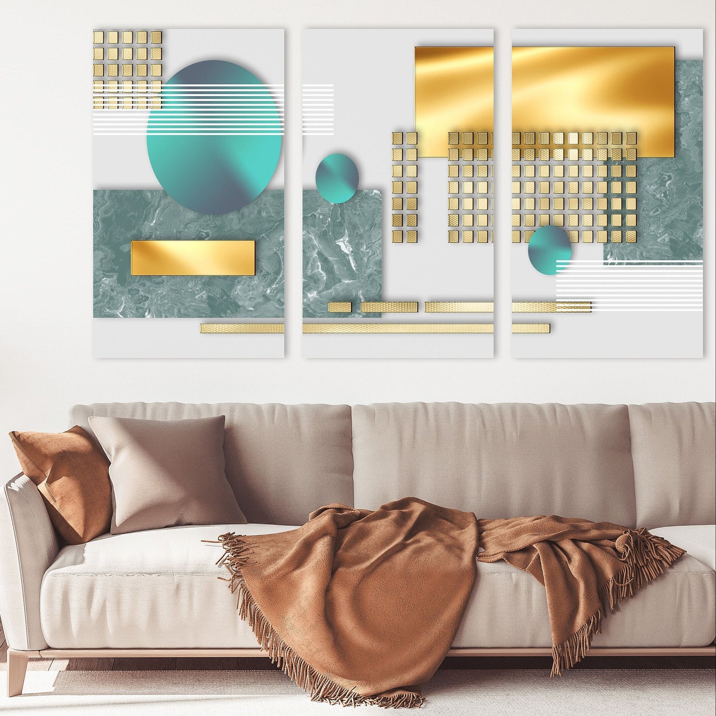 Extra große geometrische Wandkunst, moderner abstrakter Leinwandkunstdruck, mehrteilige Leinwand-Wanddekoration, 3er-Set Kunstdrucke als Geschenk in Gold und Blau
