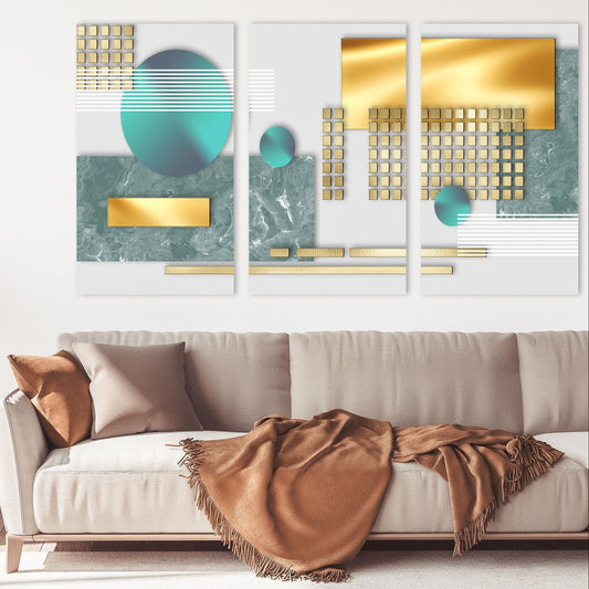 Extra große geometrische Wandkunst, moderner abstrakter Leinwandkunstdruck, mehrteilige Leinwand-Wanddekoration, 3er-Set Kunstdrucke als Geschenk in Gold und Blau