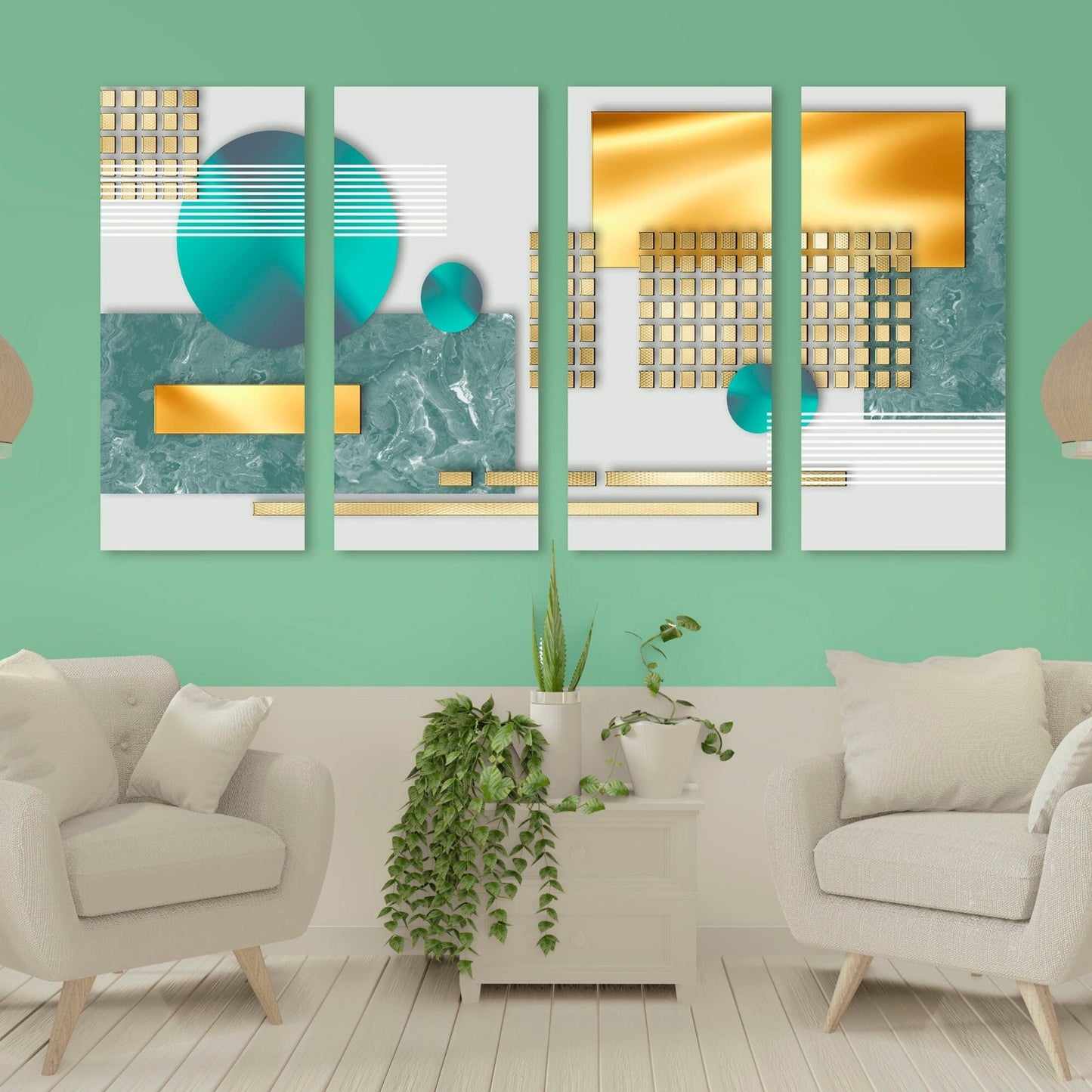 Extra große geometrische Wandkunst, moderner abstrakter Leinwandkunstdruck, mehrteilige Leinwand-Wanddekoration, 3er-Set Kunstdrucke als Geschenk in Gold und Blau