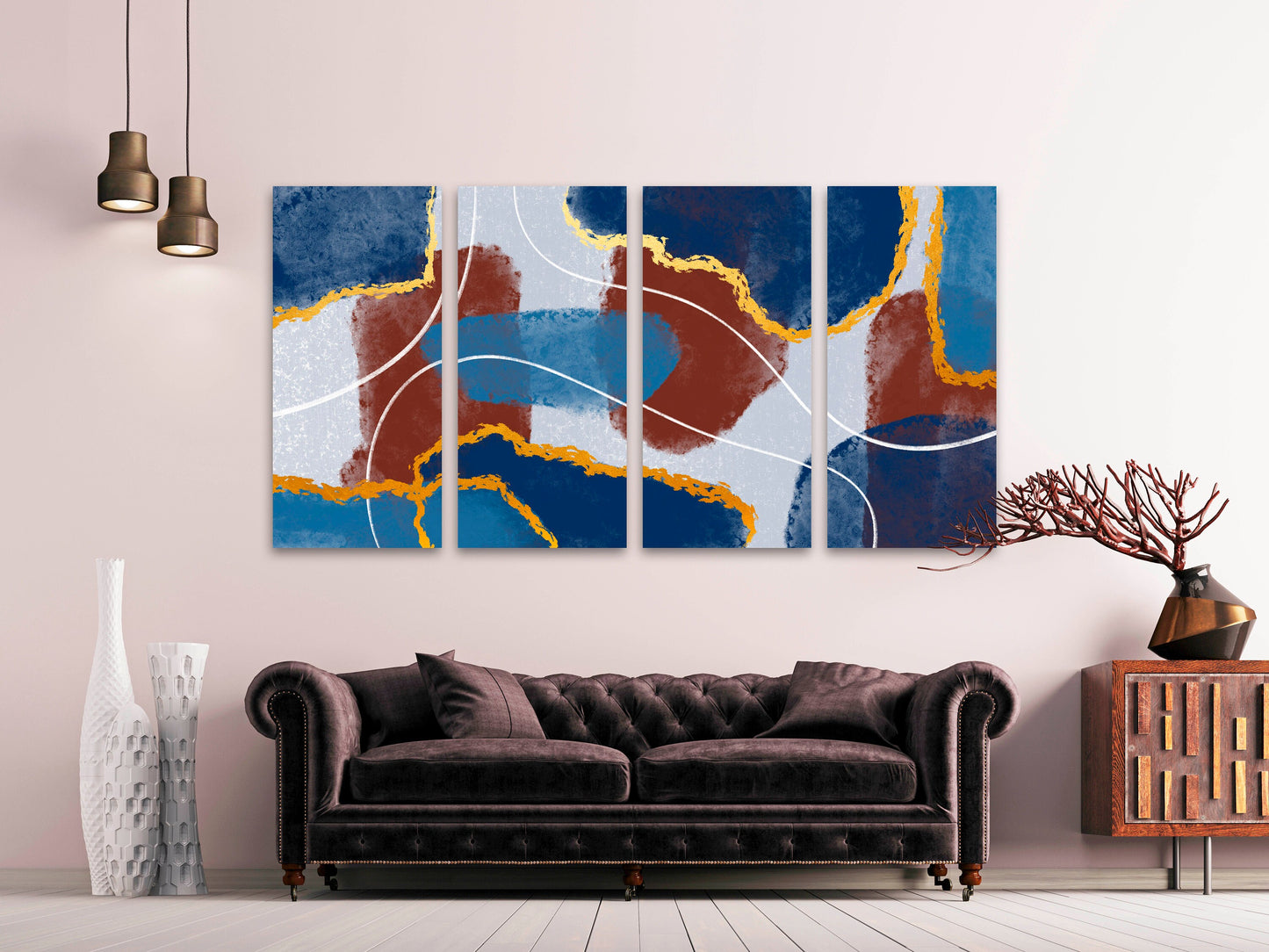 Extra großes abstraktes mehrteiliges Leinwandbild, modernes Set aus drei Drucken in Blau- und Brauntönen, farbenfrohes Wandkunstwerk als Geschenk