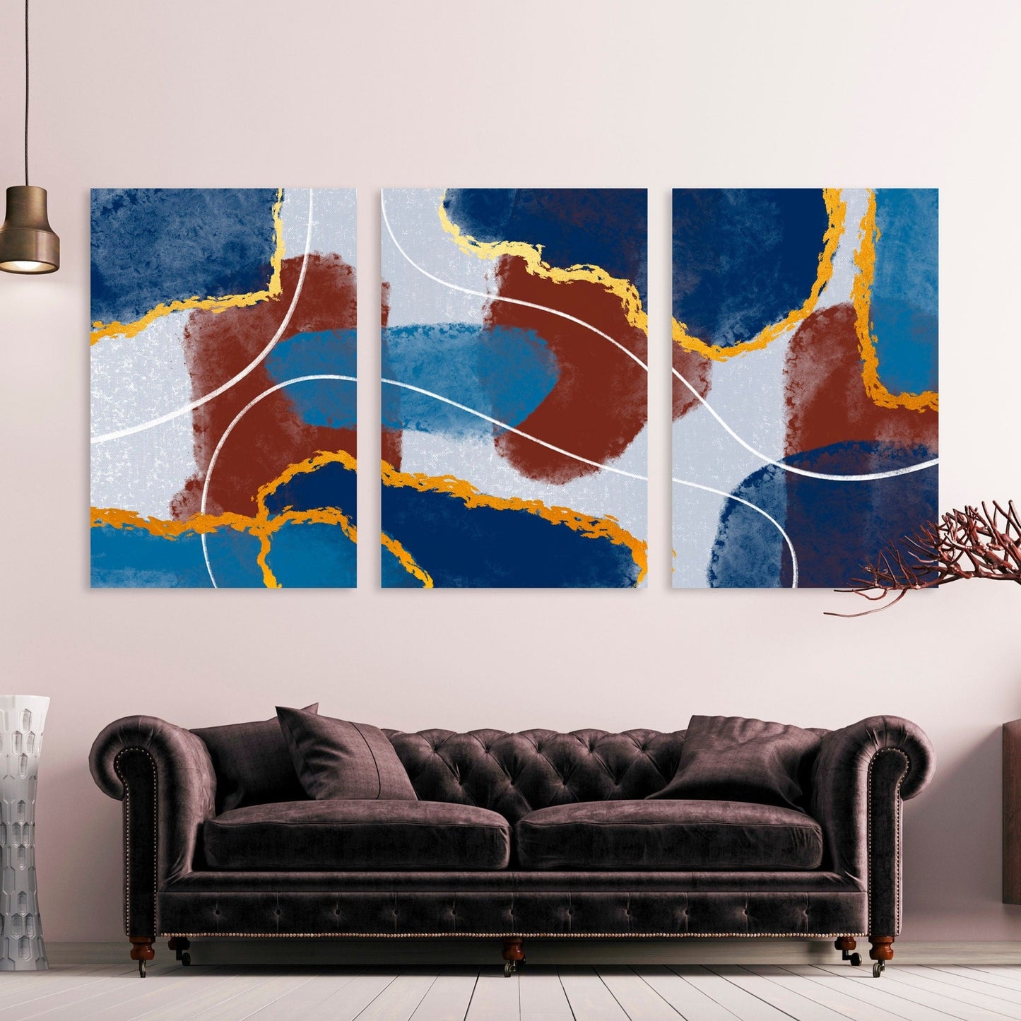 Extra großes abstraktes mehrteiliges Leinwandbild, modernes Set aus drei Drucken in Blau- und Brauntönen, farbenfrohes Wandkunstwerk als Geschenk