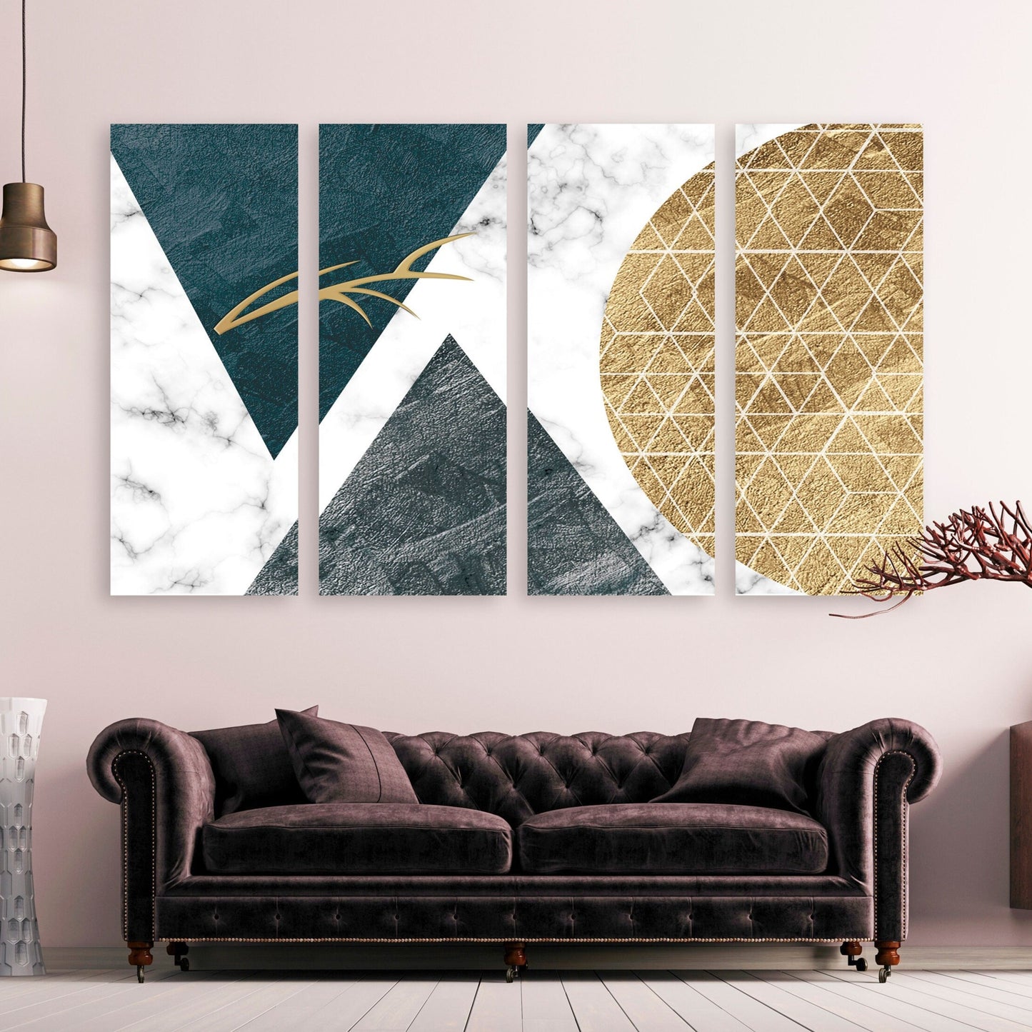 Mehrteilige Wandkunst auf Leinwand in Grau und Gold, geometrische abstrakte Wandkunst zum Ausdrucken, trendiges 3er-Set mit Dreiecken und Kreisen