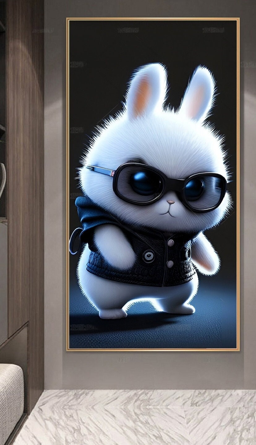 Gerahmte Leinwand-Wanddekoration mit Hasenmotiv, cooler Hasen-Leinwanddruck im schwebenden Rahmen, Wandkunst fürs Kinderzimmer mit weißem Hasen, coole gerahmte Wandkunst