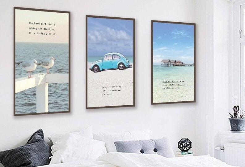 3er-Set maritimer Wandkunst in schwebendem Rahmen, dreiteilige Drucke auf nautischer Leinwand, blau gerahmtes Kunstwerk mit inspirierendem Spruch, Meereslandschaftskunst