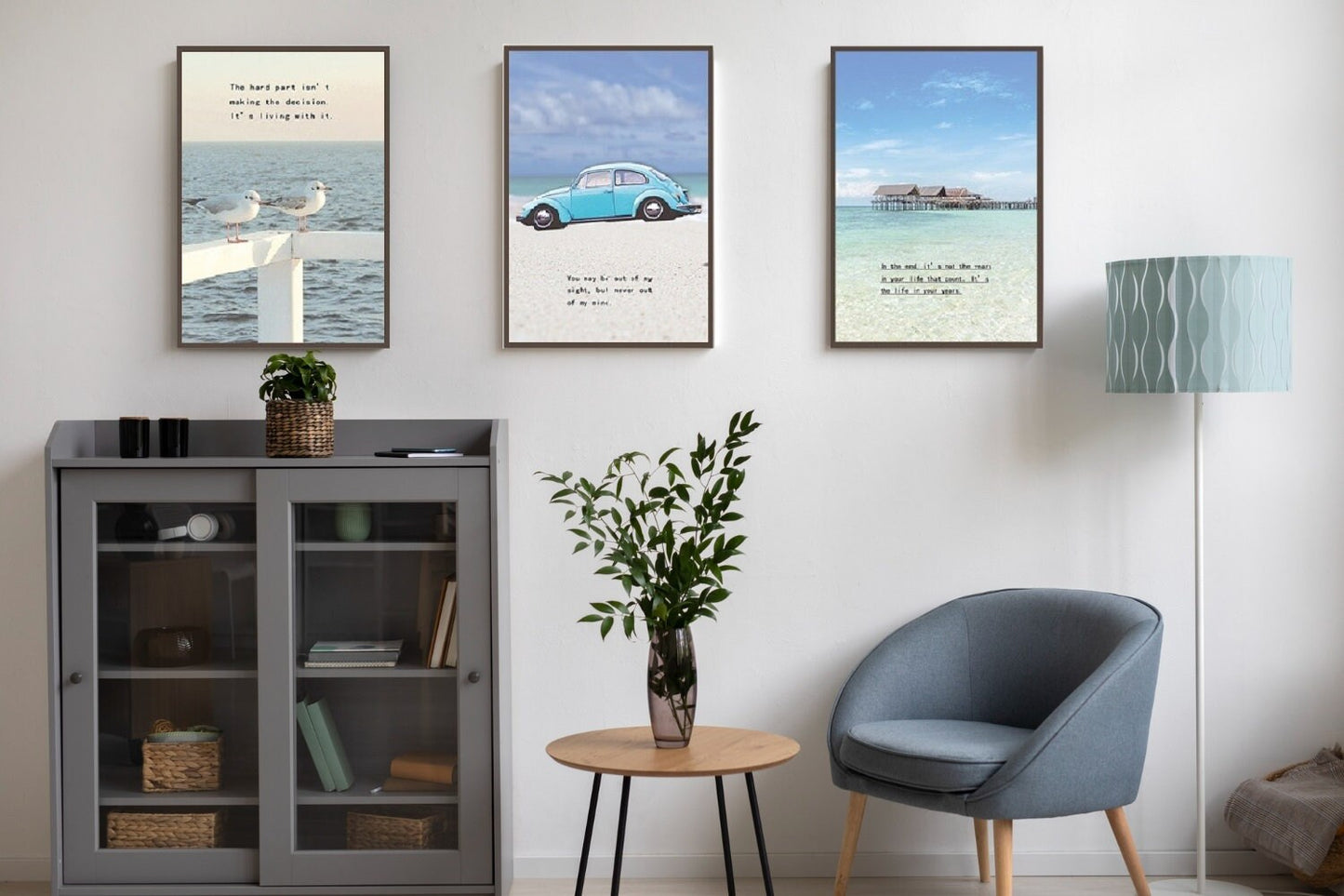 3er-Set maritimer Wandkunst in schwebendem Rahmen, dreiteilige Drucke auf nautischer Leinwand, blau gerahmtes Kunstwerk mit inspirierendem Spruch, Meereslandschaftskunst