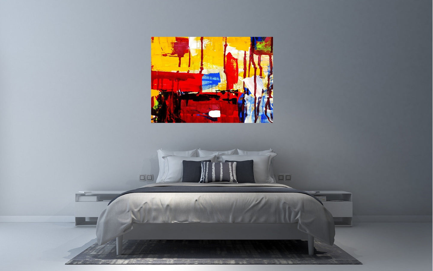Farbenfrohe abstrakte Wandkunst, großer gerahmter Leinwanddruck, zeitgenössisches Floater-Rahmen-Kunstwerk, lebendiger mehrfarbiger Druck, hängende Leinwandkunst