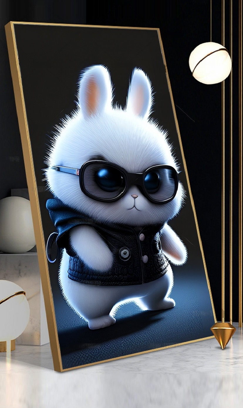 Gerahmte Leinwand-Wanddekoration mit Hasenmotiv, cooler Hasen-Leinwanddruck im schwebenden Rahmen, Wandkunst fürs Kinderzimmer mit weißem Hasen, coole gerahmte Wandkunst
