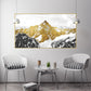 Mehrteiliges Wandbild mit goldenen Bergen auf Leinwand, 3er-Set Wandkunst mit Bergmotiven in schwebendem goldenen Rahmen, asiatische Naturwandkunst als Geschenk