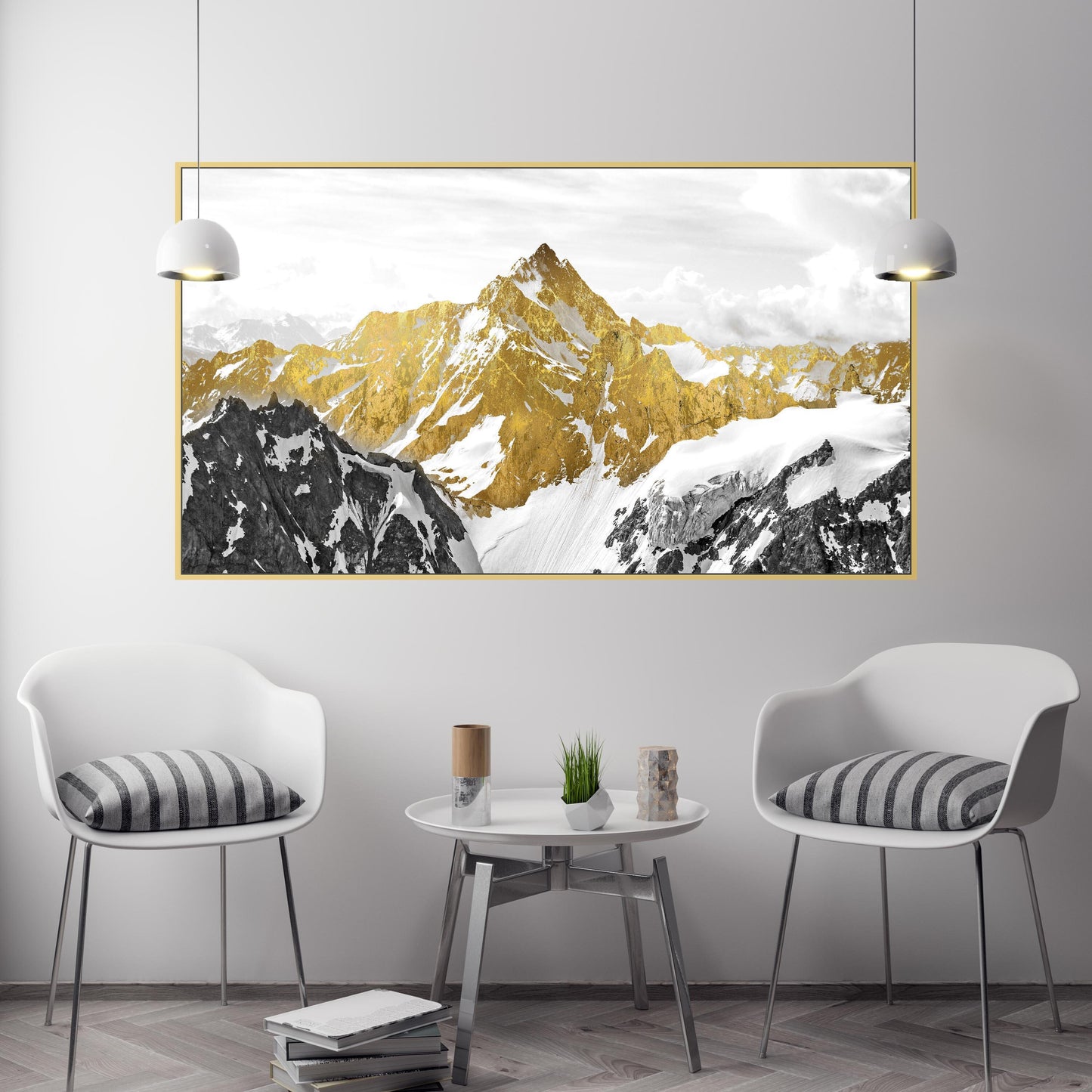 Mehrteiliges Wandbild mit goldenen Bergen auf Leinwand, 3er-Set Wandkunst mit Bergmotiven in schwebendem goldenen Rahmen, asiatische Naturwandkunst als Geschenk