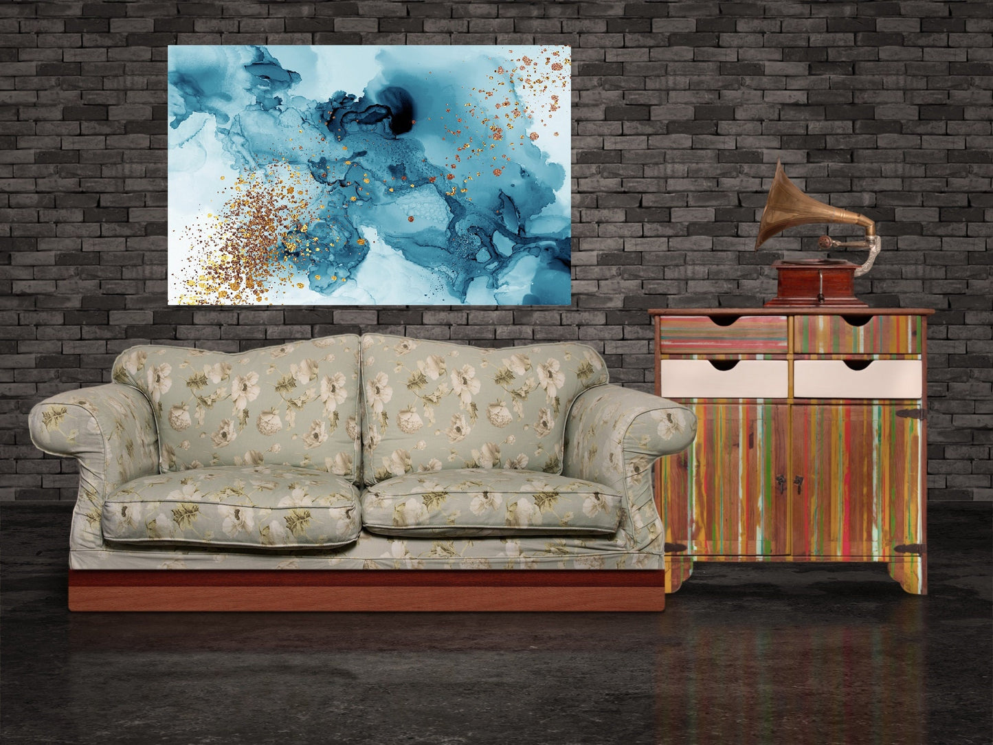 Abstrakter blau-goldener Leinwanddruck, großes Wandbild im Float-Rahmen, blaues Wellen-Leinwandgemälde, zeitgenössische gerahmte Wandkunst, minimalistisches Kunstwerk