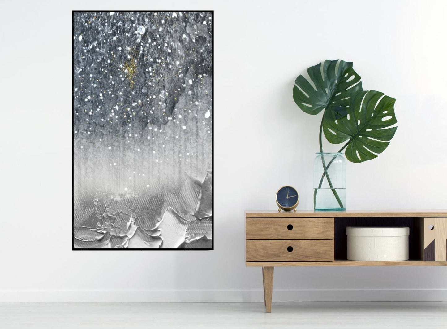 Graue abstrakte gerahmte Wandkunst, druckbares Kunstwerk im schwebenden Rahmen, extra große zeitgenössische Leinwand-Wandkunst im schwebenden Rahmen als Geschenk